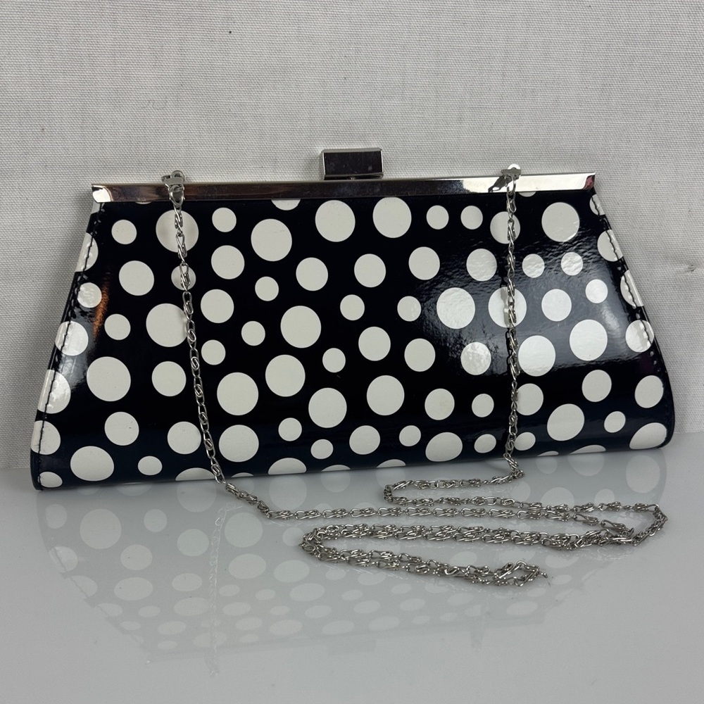Neiman Marcus Polka Dot Clutch Bag Shoulder Purse Chain strap silver Black White